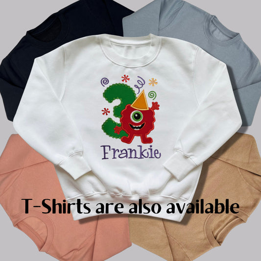 Personalised Embroidered Children's Birthday Top. Cute Applique Funny Monster Design with Child's Age & Name. Perfect Birthday Outfit