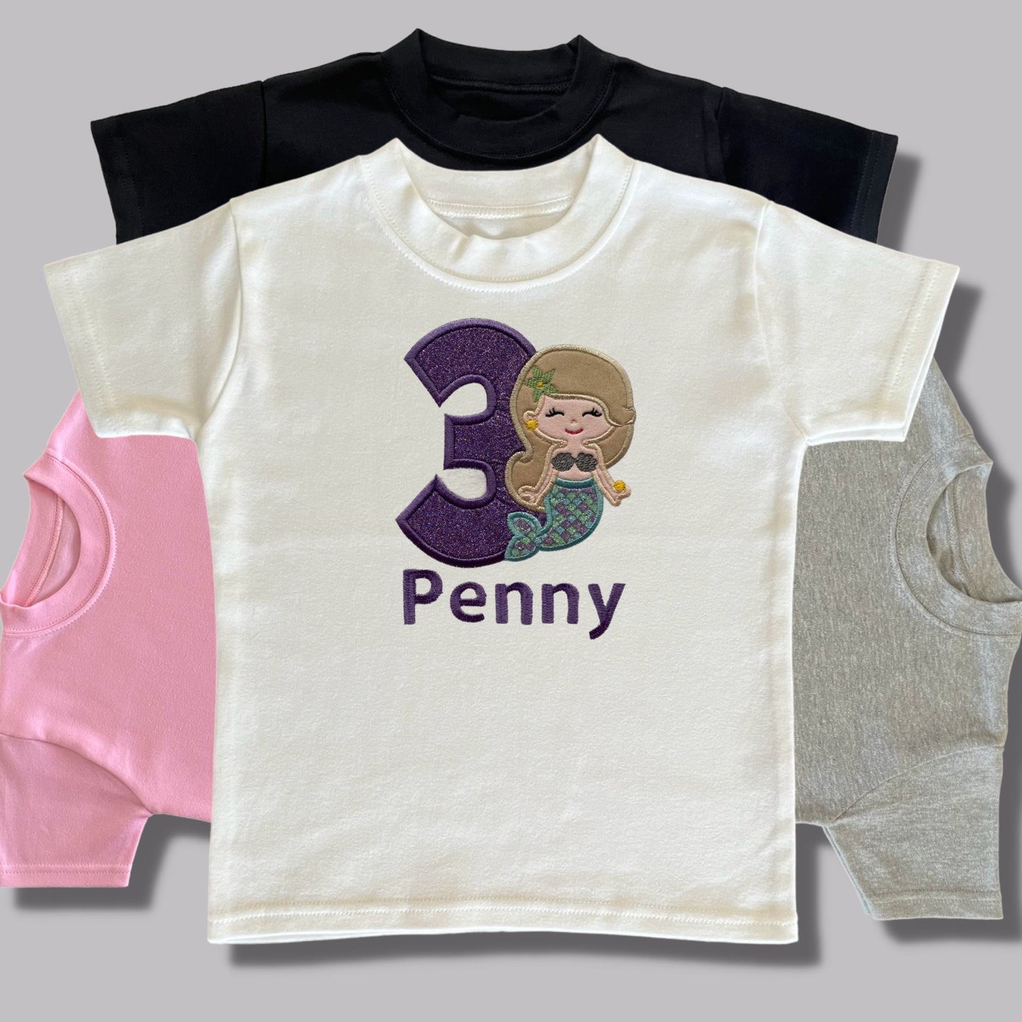 Personalised Embroidered Children's Birthday Top. Cute Applique Embroidered Mermaid Personalised with Age and Name Perfect Birthday Outfit