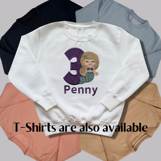 Personalised Embroidered Children's Birthday Top. Cute Applique Embroidered Mermaid Personalised with Age and Name Perfect Birthday Outfit
