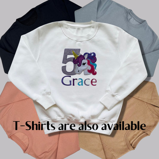 Personalised Embroidered Childrens Birthday Shirts. Cute Applique Embroidered Unicorn Personalised with Age and Name Perfect Birthday Outfit