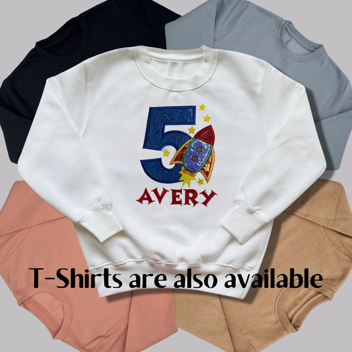 Personalised Embroidered Children's Birthday Top. Cute Applique Embroidered Rocket Personalised with Age and Name Perfect Birthday Outfit