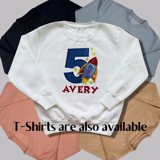 Personalised Embroidered Children's Birthday Top. Cute Applique Embroidered Rocket Personalised with Age and Name Perfect Birthday Outfit