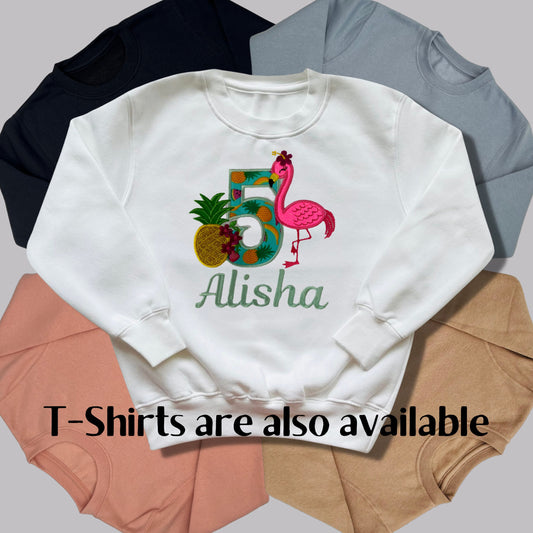 Personalised Childrens Birthday T-Shirt Cute Embroidered Flamingo & Pineapple Design Personalised with Age and Name Perfect Birthday Outfit