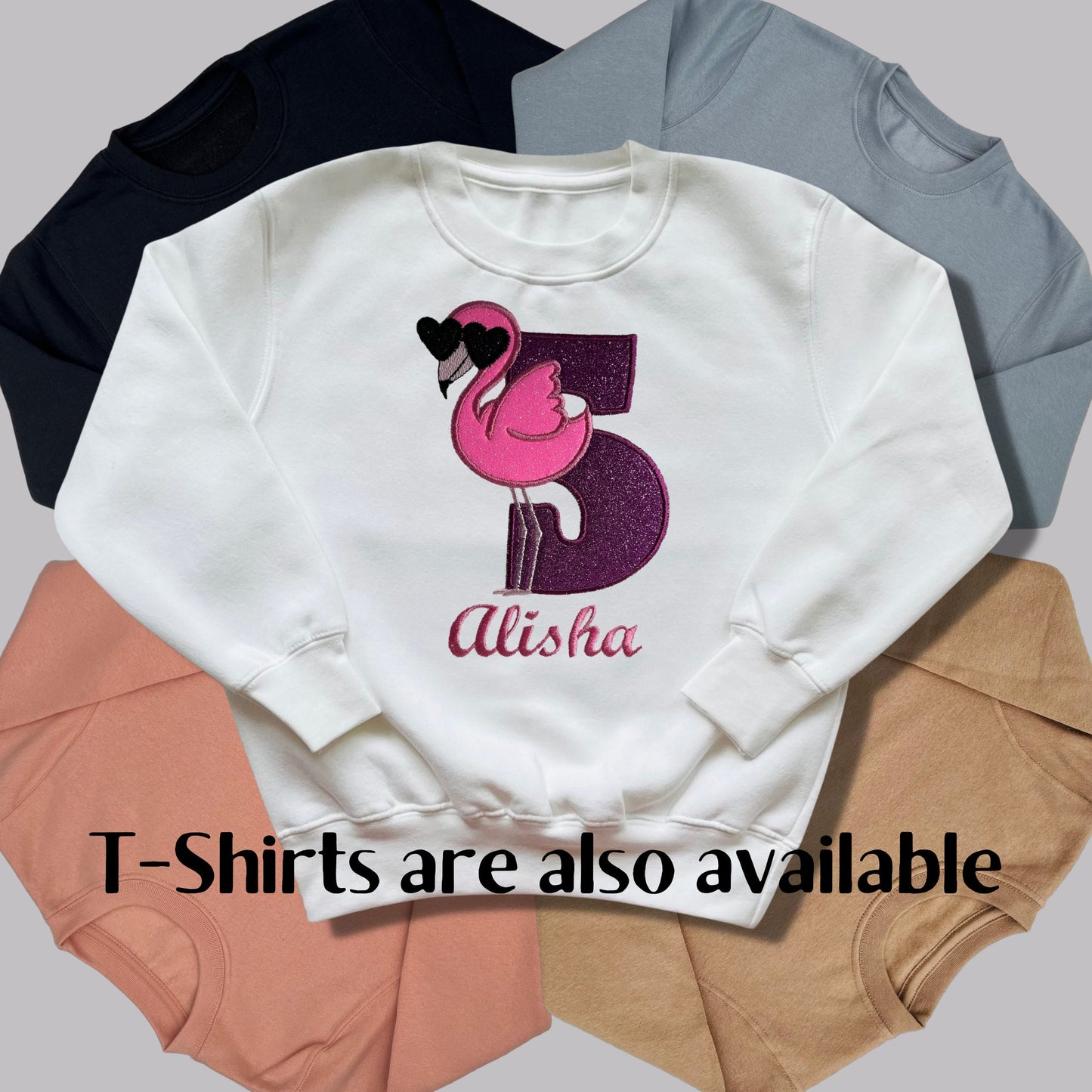 Personalised Embroidered Children's Birthday Top. Cute Glittery Flamingo Wearing Sunglasses and Child's Age & Name. Perfect Birthday Outfit