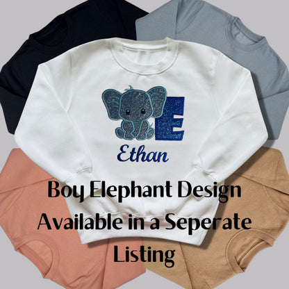Children's Personalised Embroidered Top With a Cute Elephant Design. A Beautiful Design Using Glittery Purples with Child's Name and Initial