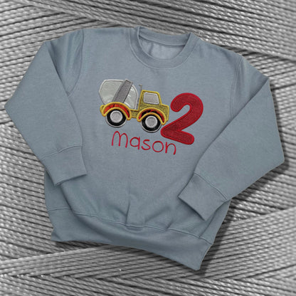 Personalised Embroidered Children's Birthday Top: Construction Vehicle Design