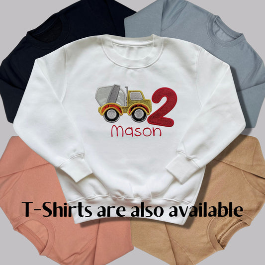 Personalised Embroidered Children's Birthday Top. Cute Applique Embroidered Construction Vehicle Personalised with Age and Name