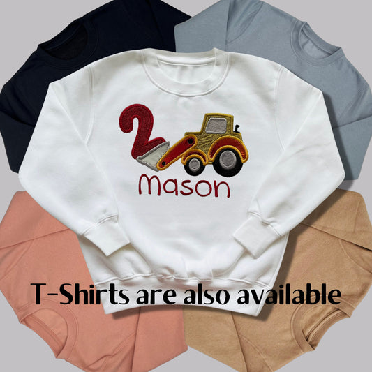 Personalised Embroidered Children's Birthday Top. Cute Applique Embroidered Construction Vehicle Personalised with Age and Name