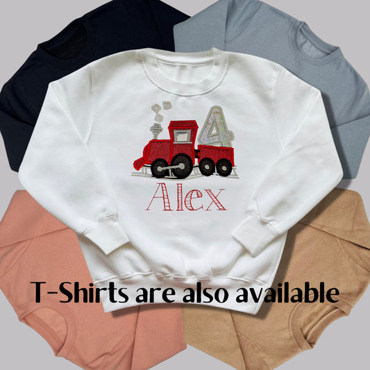 Personalised Embroidered Children's Birthday Top. Cute Applique Embroidered Train Personalised with Age and Name Perfect Birthday Outfit