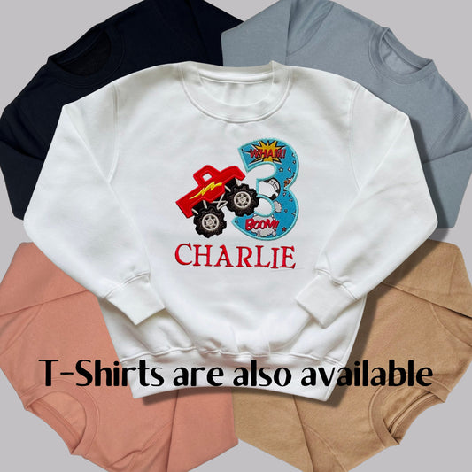 Personalised Embroidered Children's Birthday Top. Cute Monster Truck Design Personalised with Age and Name Perfect Birthday Outfit