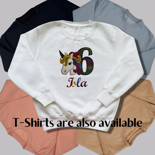 Personalised Embroidered Children's Birthday Top. Unicorn Design using Glittery Applique with Child's Age & Name. Perfect Birthday Outfit