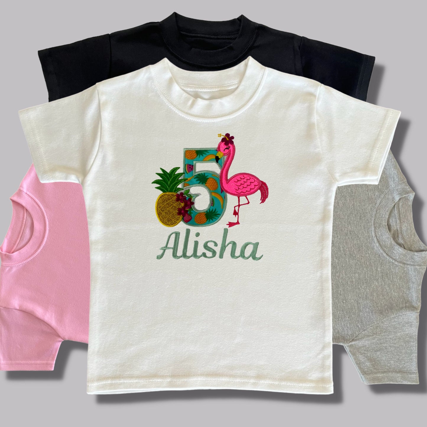Personalised Childrens Birthday T-Shirt Cute Embroidered Flamingo & Pineapple Design Personalised with Age and Name Perfect Birthday Outfit