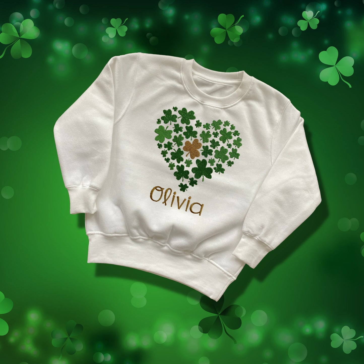 Personalised Embroidered Children's St Patrick's Day Tops. Various Cute Heart Shaped Shamrock Design Personalised with Name.