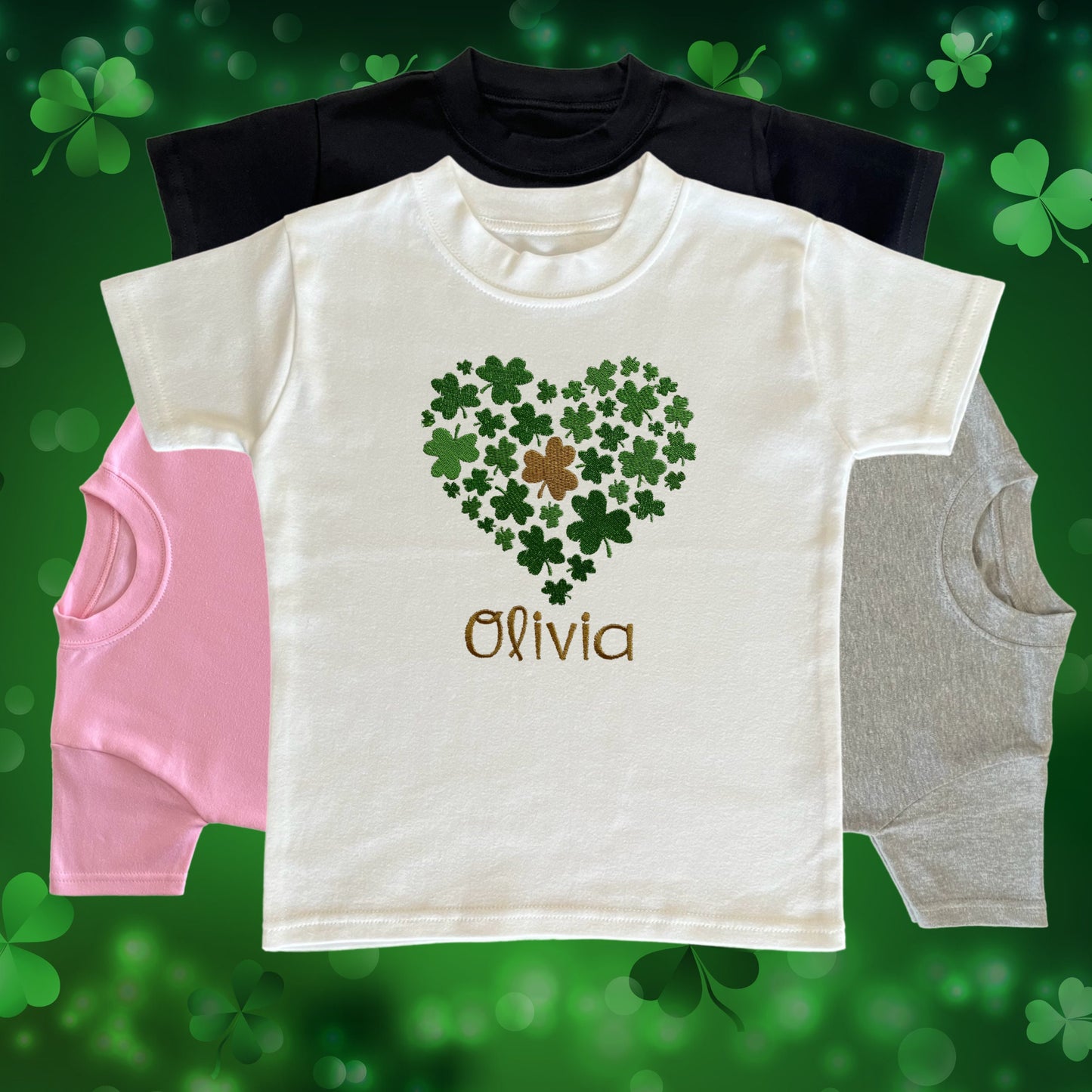 Personalised Embroidered Children's St Patrick's Day Tops. Various Cute Heart Shaped Shamrock Design Personalised with Name.