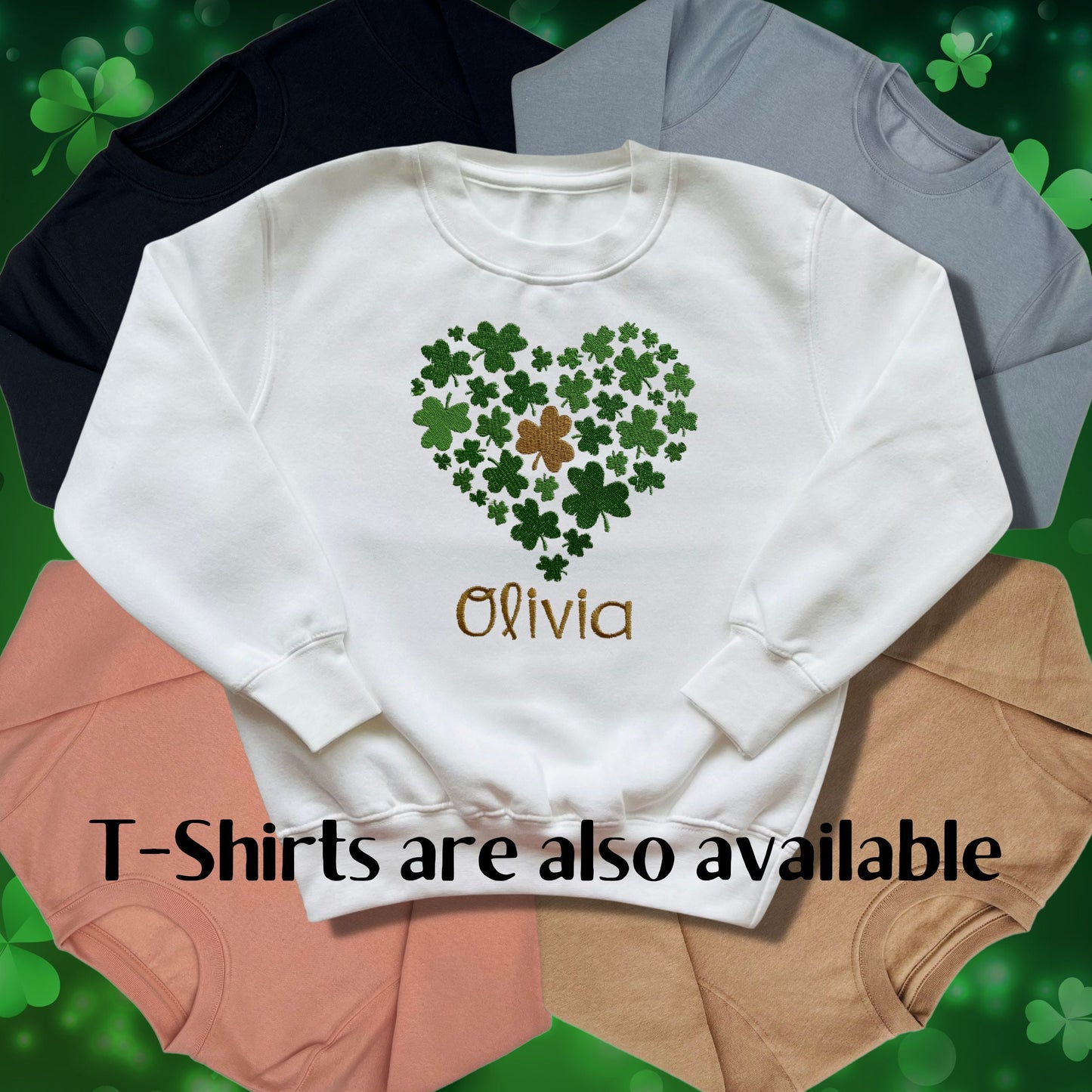Personalised Embroidered Children's St Patrick's Day Tops. Various Cute Heart Shaped Shamrock Design Personalised with Name.