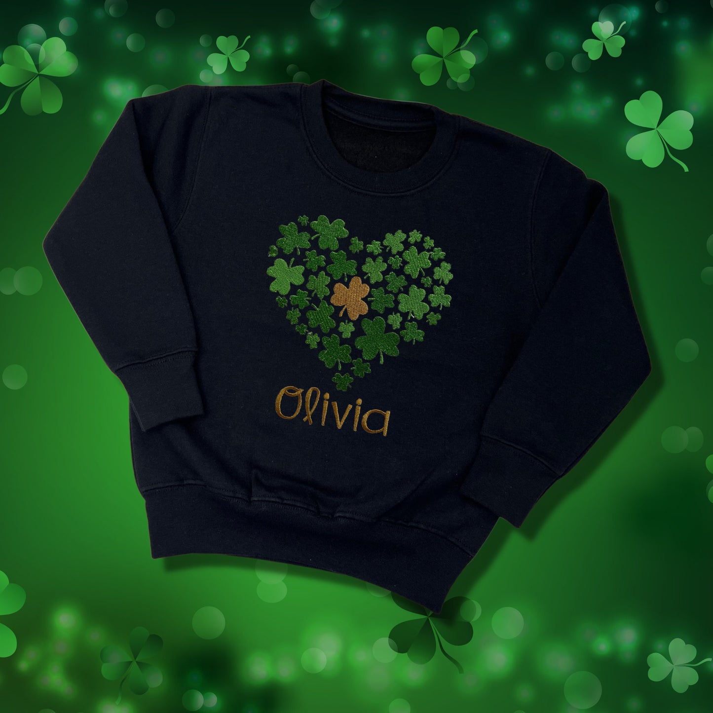 Personalised Embroidered Children's St Patrick's Day Tops. Various Cute Heart Shaped Shamrock Design Personalised with Name.