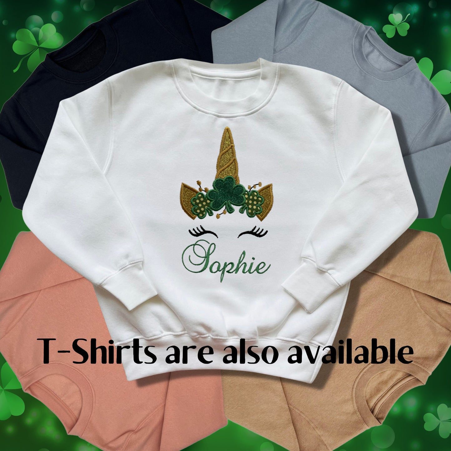 Personalised Embroidered Childrens St Patrick's Day Top. Cute Unicorn Design Personalised with Name. Perfect for Celebrations
