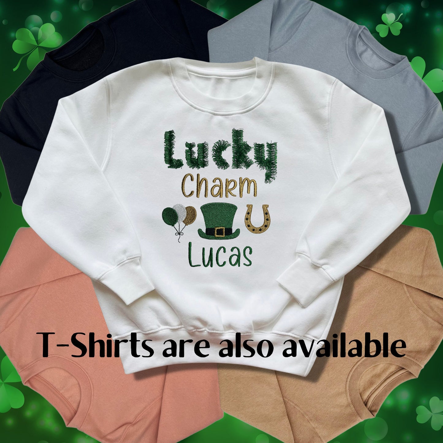 Personalised Embroidered Children's St Patrick's Day Top. Cute Lucky Charm Design Personalised with Name. Perfect for Celebrations