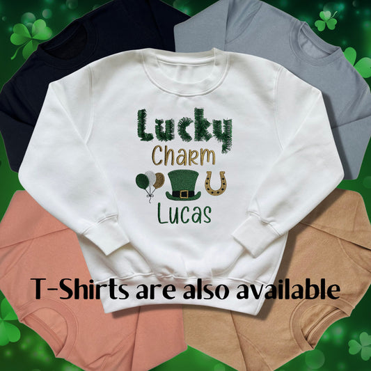 Personalised Embroidered Children's St Patrick's Day Top. Cute Lucky Charm Design Personalised with Name. Perfect for Celebrations