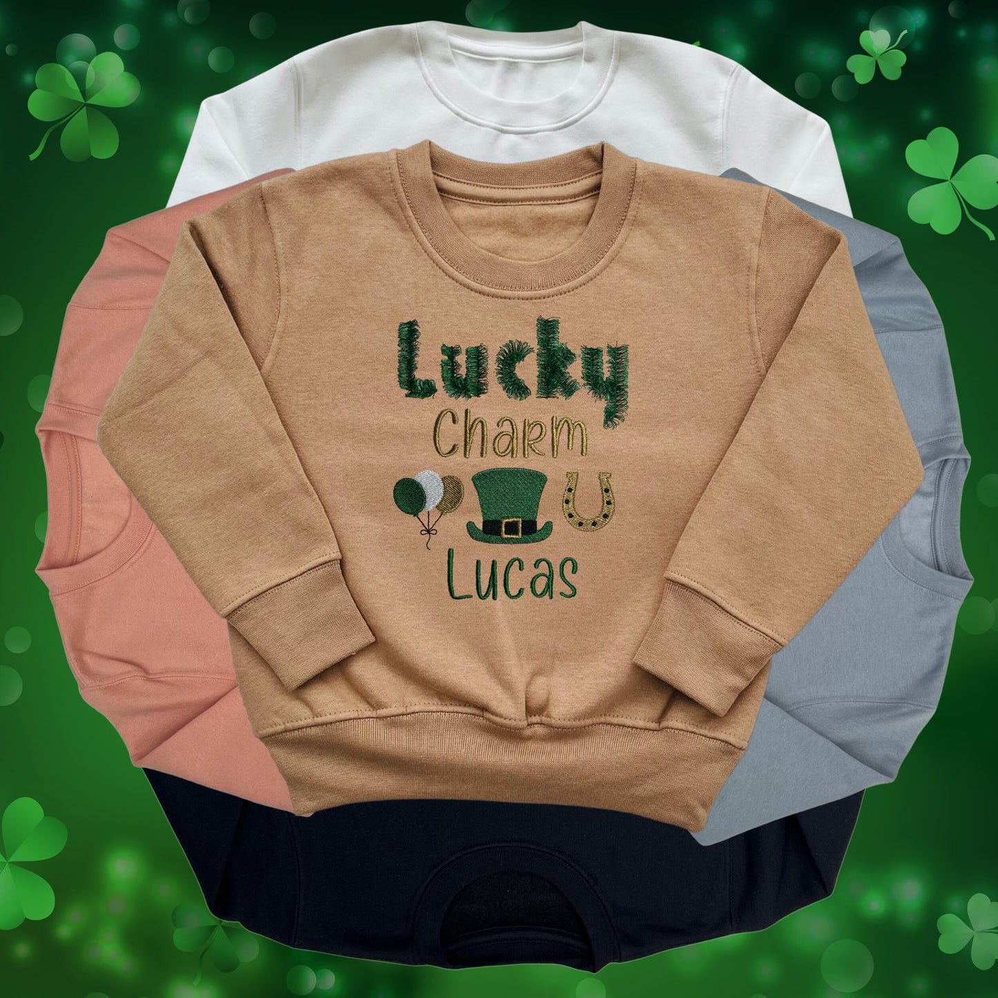 Personalised Embroidered Children's St Patrick's Day Top. Cute Lucky Charm Design Personalised with Name. Perfect for Celebrations