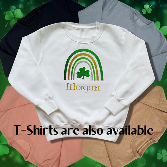 Personalised Embroidered Children's St Patrick's Day Top. Cute Rainbow Design Personalised with Name. Perfect for Celebrations