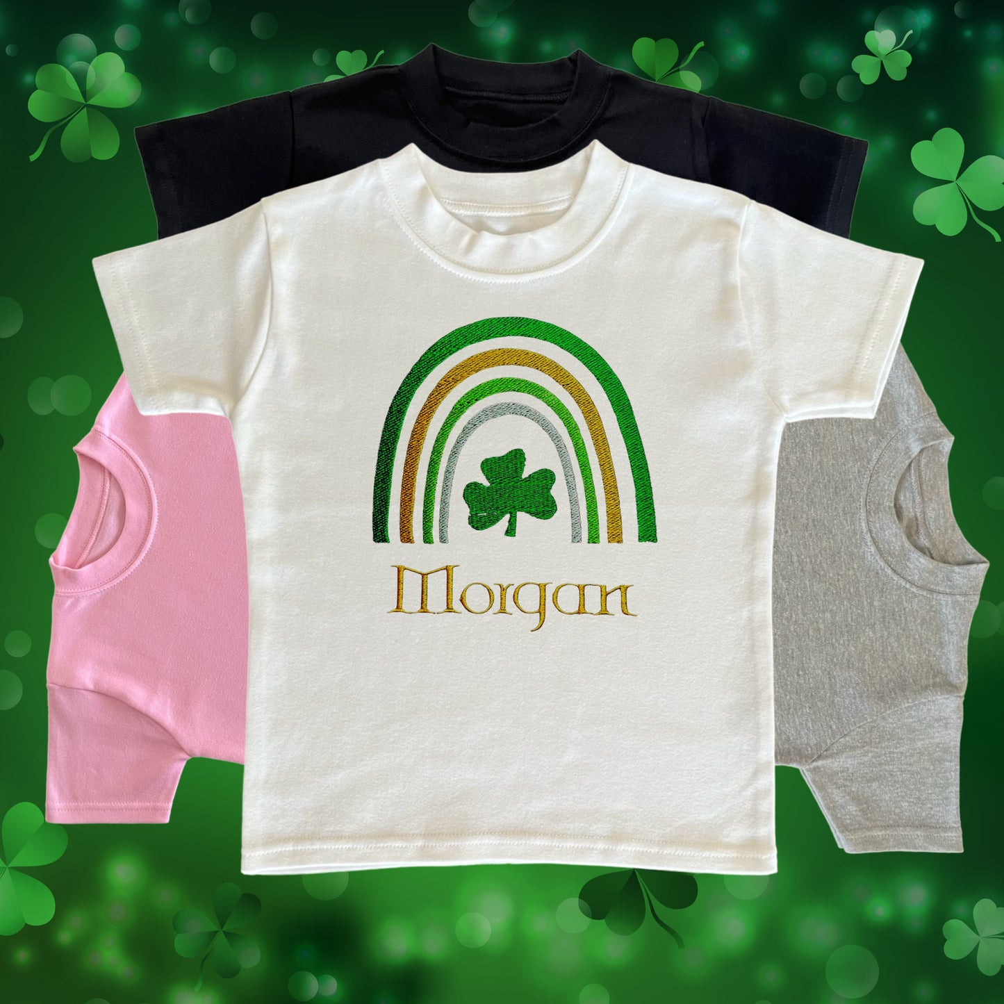 Personalised Embroidered Children's St Patrick's Day Top. Cute Rainbow Design Personalised with Name. Perfect for Celebrations