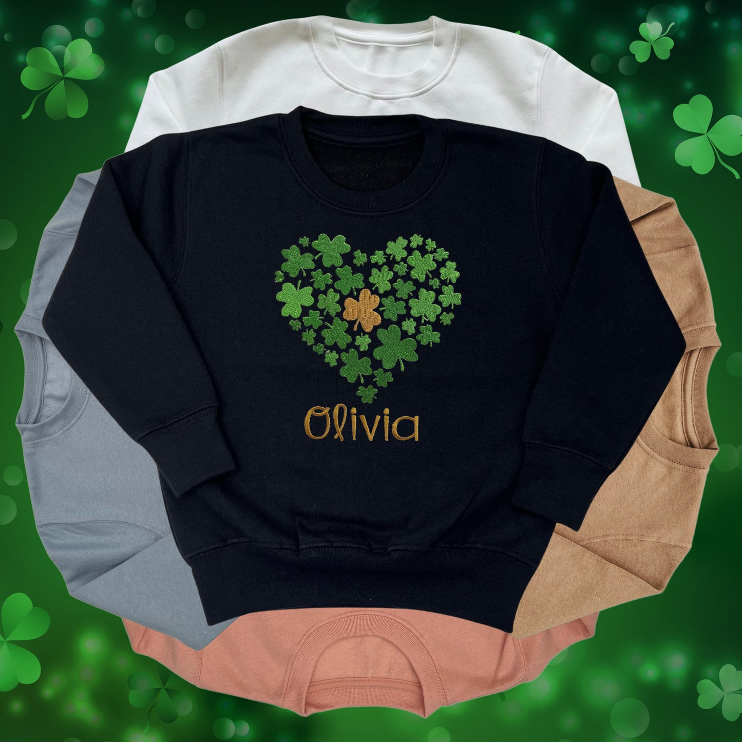 Personalised Embroidered Children's St Patrick's Day Tops. Various Cute Heart Shaped Shamrock Design Personalised with Name.