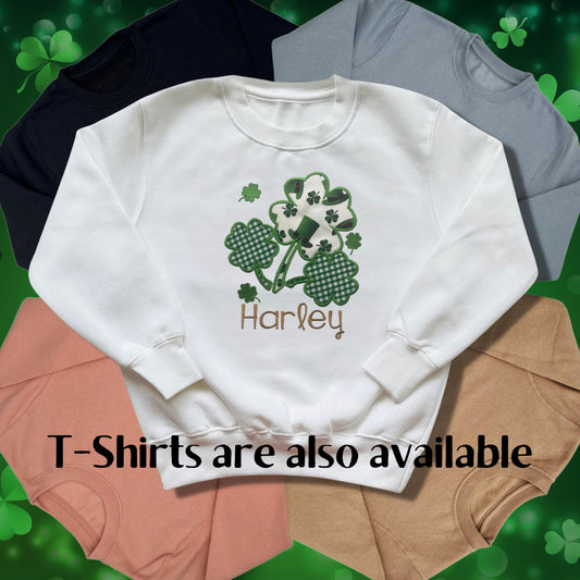 Personalised Embroidered Childrens St Patrick's Day Tops. Cute Shamrock Design Personalised with Name. Perfect for Celebrations