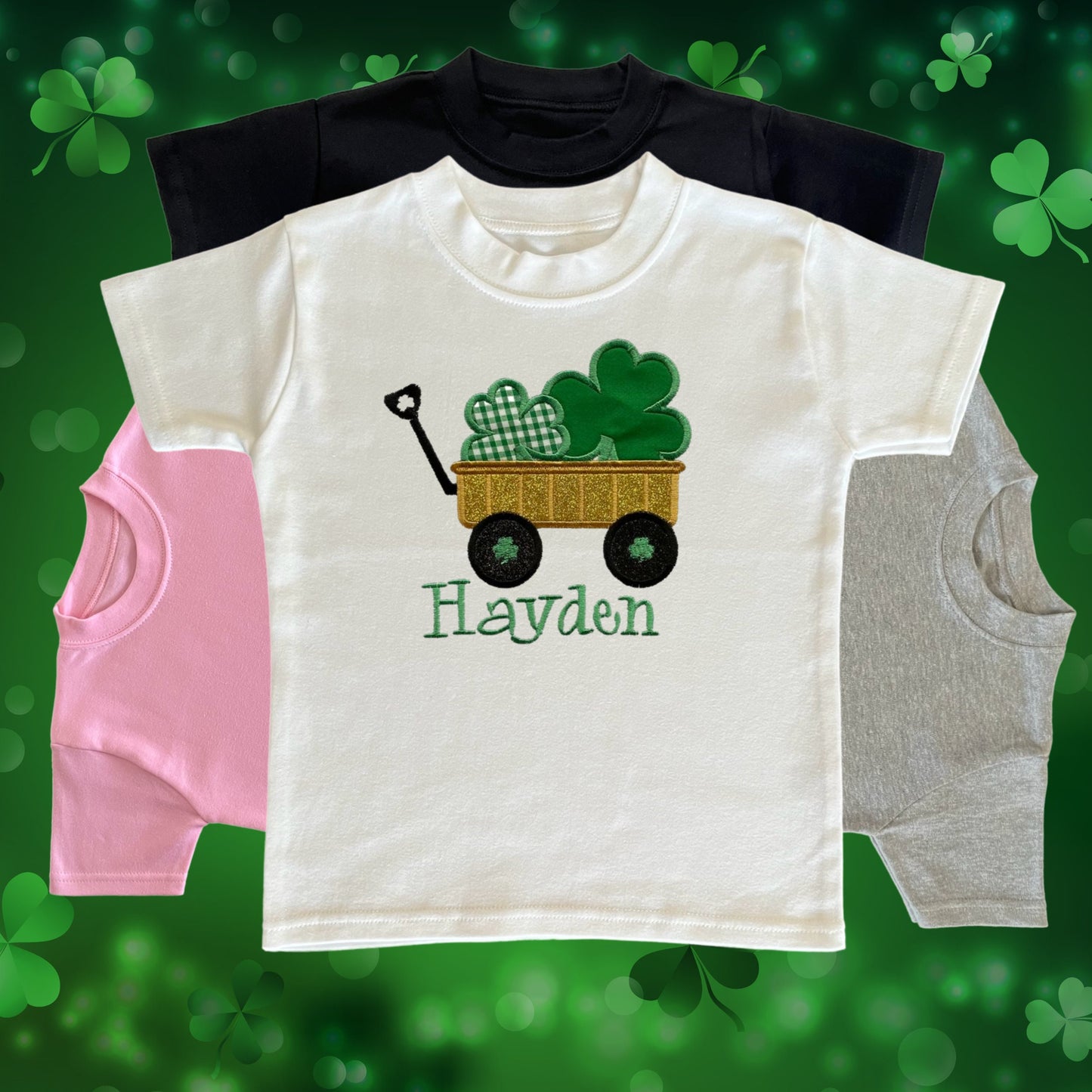 Personalised Embroidered Childrens St Patrick's Day Top. Glittery Gold Cart with Shamrocks. Choice of Garments. Perfect for Celebrations