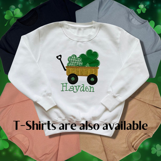 Personalised Embroidered Childrens St Patrick's Day Top. Glittery Gold Cart with Shamrocks. Choice of Garments. Perfect for Celebrations