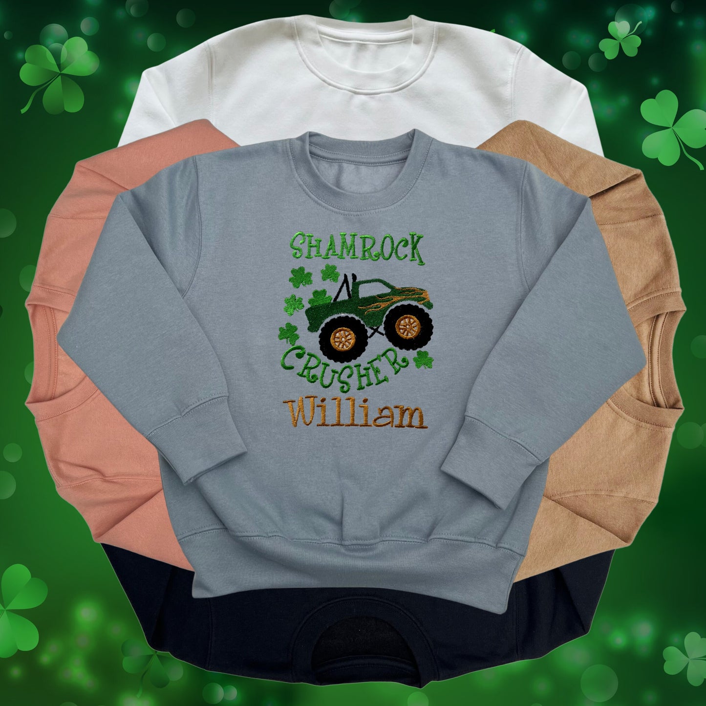 Personalised Embroidered Children's St Patrick's Day Top. Monster Truck Shamrock Crusher Design Personalised with Name.