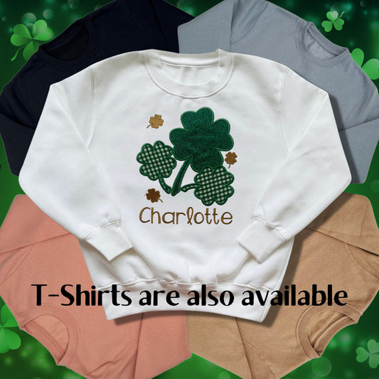 Personalised Embroidered Childrens St Patrick's Day Top. Cute Applique Shamrock Design Personalised with Name. Perfect for Celebrations