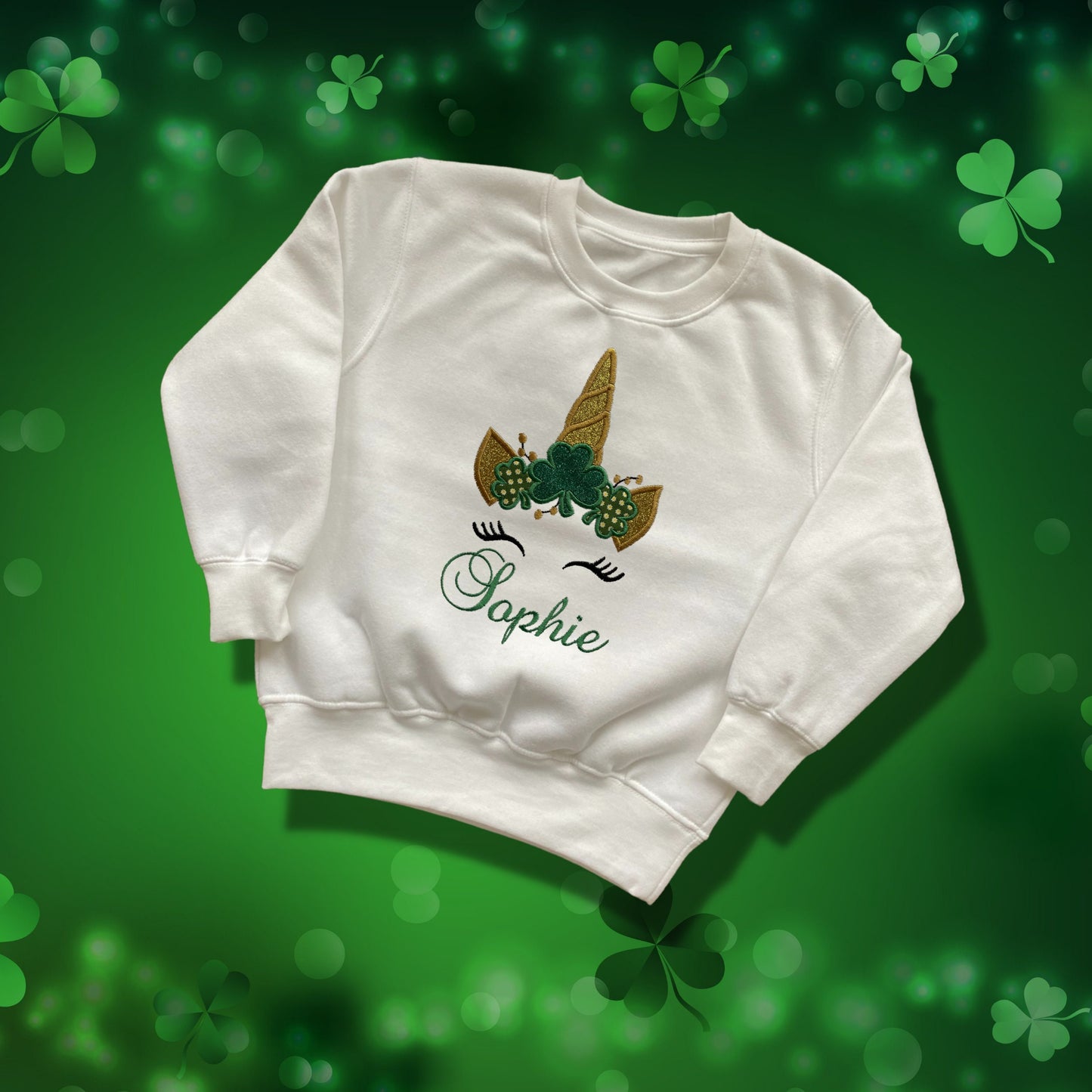 Personalised Embroidered Childrens St Patrick's Day Top. Cute Unicorn Design Personalised with Name. Perfect for Celebrations