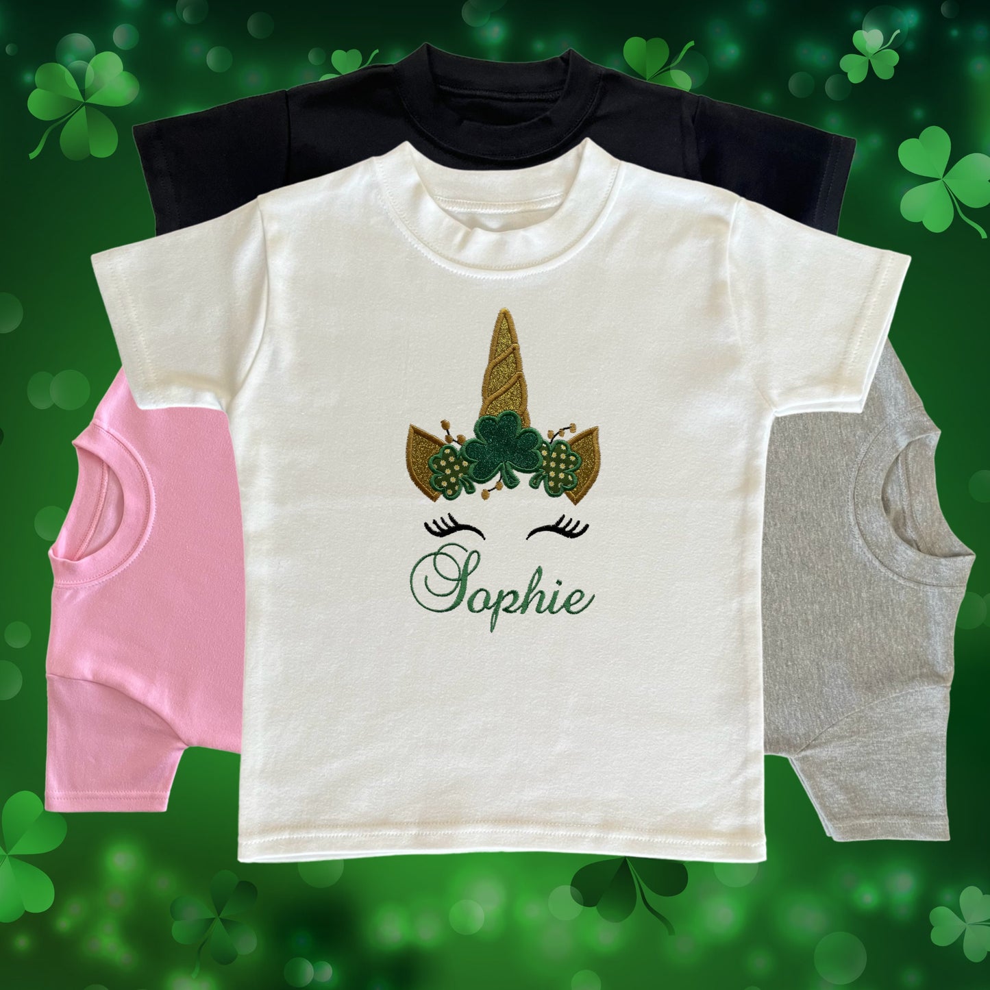 Personalised Embroidered Childrens St Patrick's Day Top. Cute Unicorn Design Personalised with Name. Perfect for Celebrations