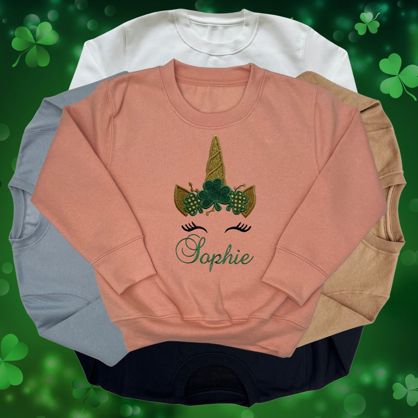 Personalised Embroidered Childrens St Patrick's Day Top. Cute Unicorn Design Personalised with Name. Perfect for Celebrations