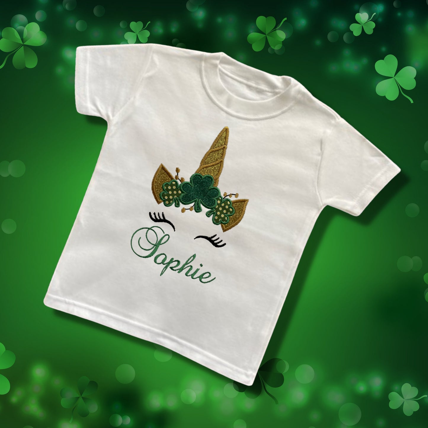 Personalised Embroidered Childrens St Patrick's Day Top. Cute Unicorn Design Personalised with Name. Perfect for Celebrations