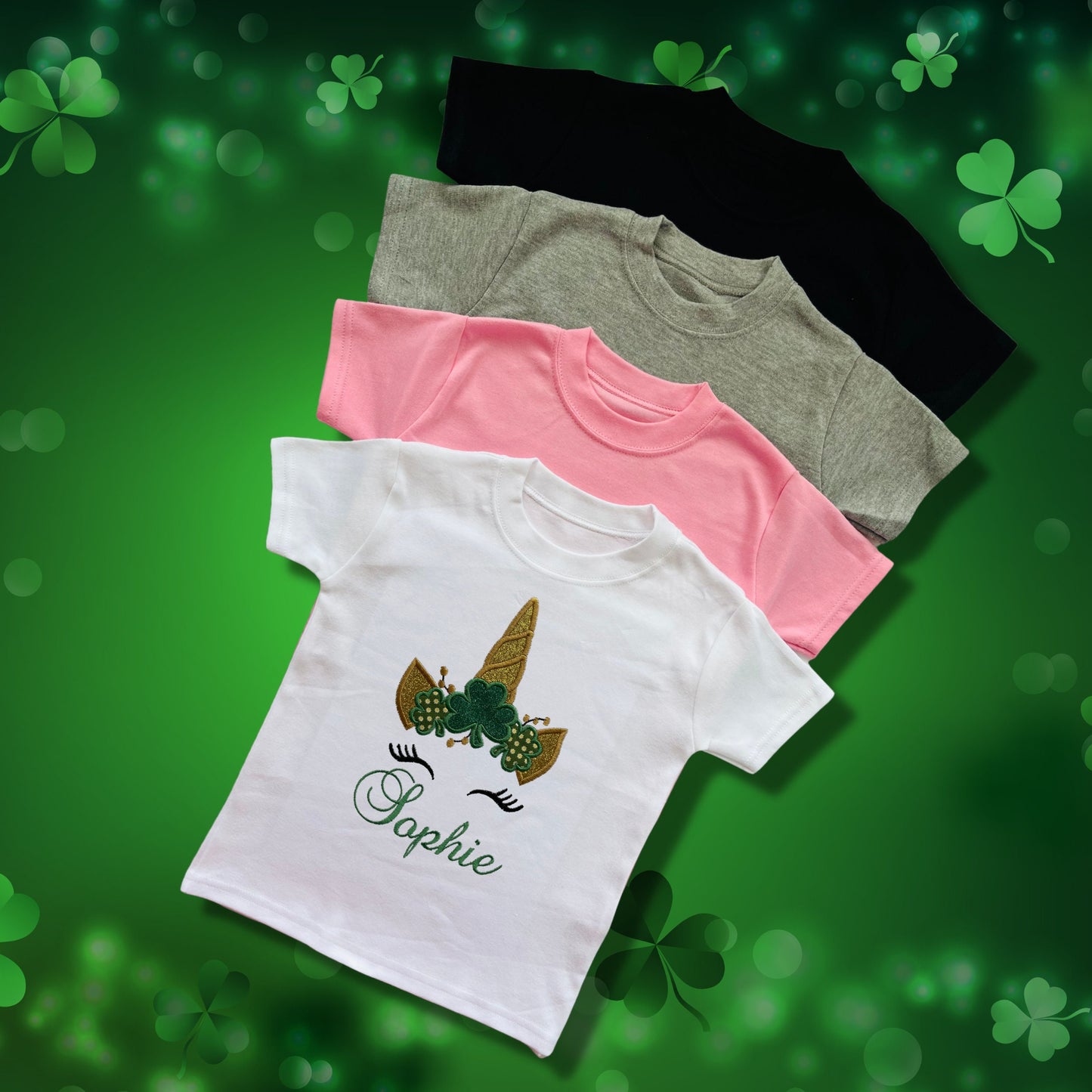 Personalised Embroidered Childrens St Patrick's Day Top. Cute Unicorn Design Personalised with Name. Perfect for Celebrations