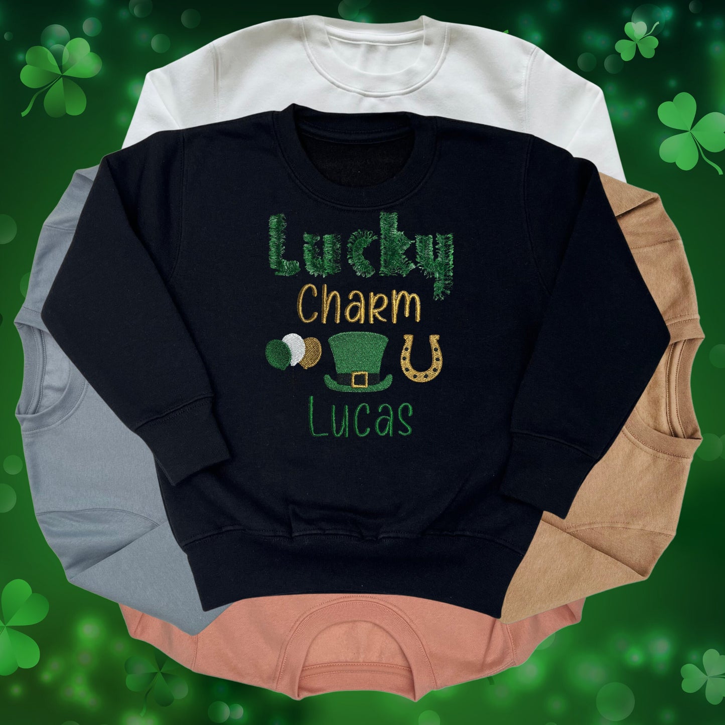 Personalised Embroidered Children's St Patrick's Day Top. Cute Lucky Charm Design Personalised with Name. Perfect for Celebrations