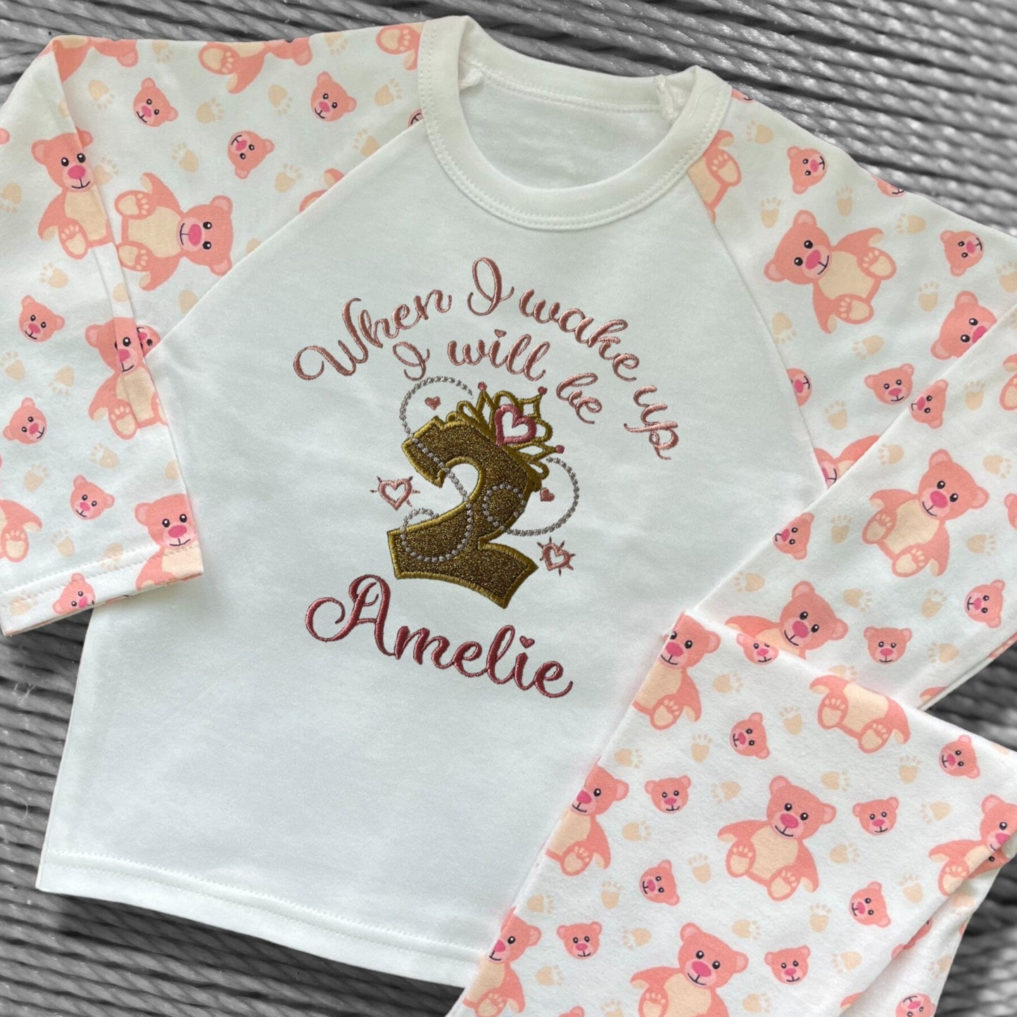 Childrens Personalised Embroidered Pyjamas and Sleepsuits. When I wake up I will be'. Cute Princess Crown Birthday Design with Child's Name.