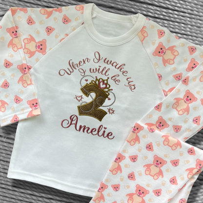 Childrens Personalised Embroidered Pyjamas and Sleepsuits. When I wake up I will be'. Cute Princess Crown Birthday Design with Child's Name.