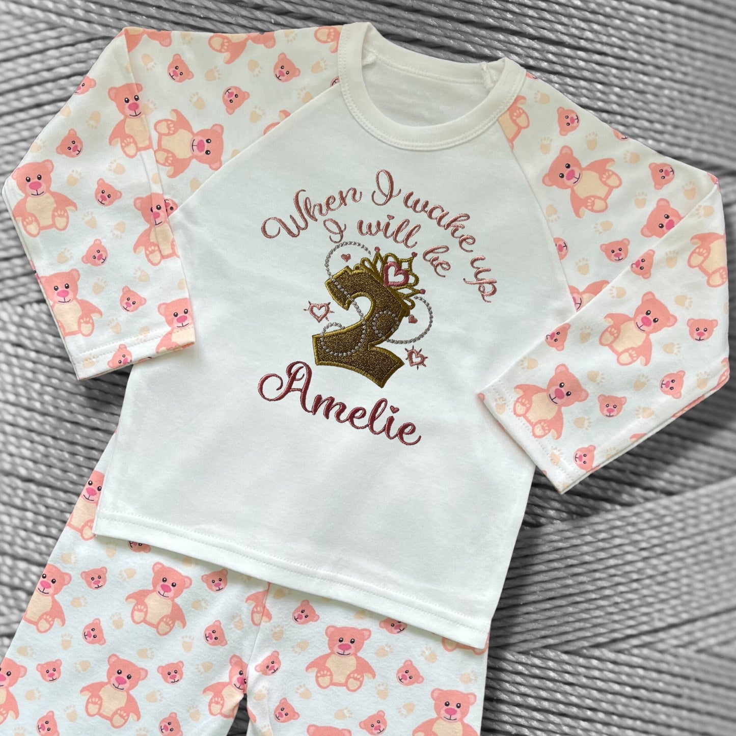Childrens Personalised Embroidered Pyjamas and Sleepsuits. When I wake up I will be'. Cute Princess Crown Birthday Design with Child's Name.
