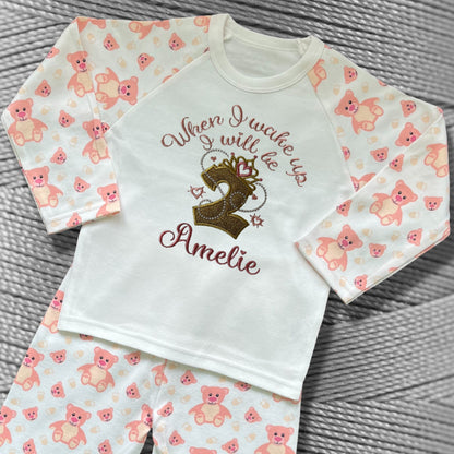 Childrens Personalised Embroidered Pyjamas and Sleepsuits. When I wake up I will be'. Cute Princess Crown Birthday Design with Child's Name.