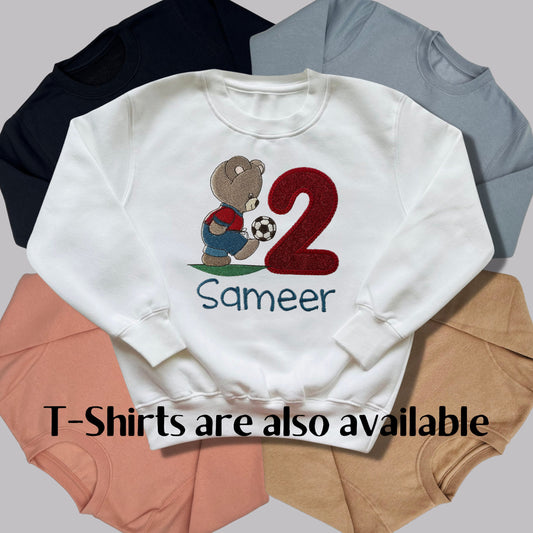 Personalised Embroidered Children's Birthday Top. Cute Embroidered Teddy Bear Kicking a Football. Personalised with Age and Name.