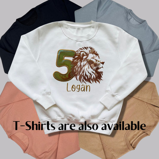 Personalised Embroidered Children's Birthday Top. Magestic Lion's Head, Age in Gold Glitter Vinyl and Child's Name. Perfect for Birthdays