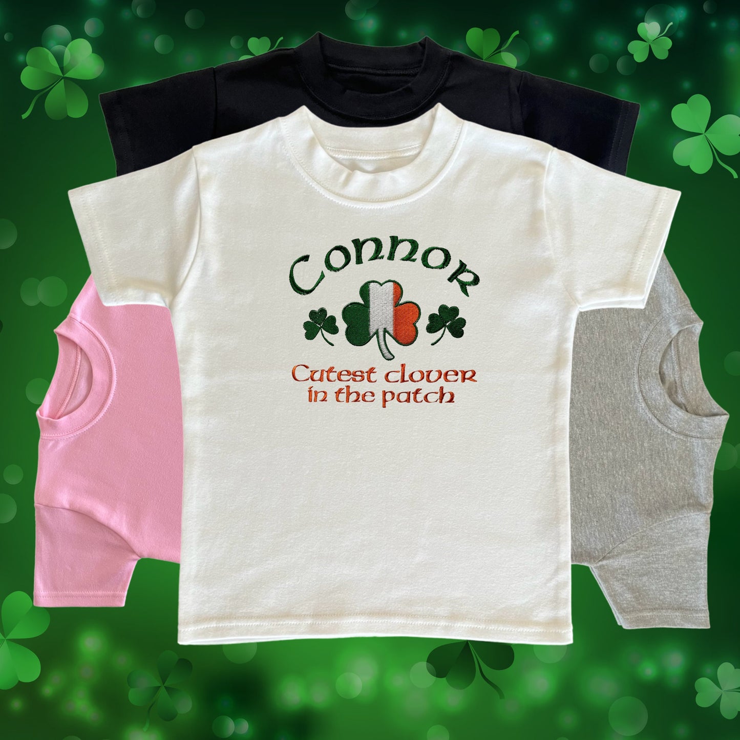 Personalised Embroidered Children's St Patrick's Day Top. Shamrock Design Saying 'Cutest clover in the  patch' and Personalised with Name.