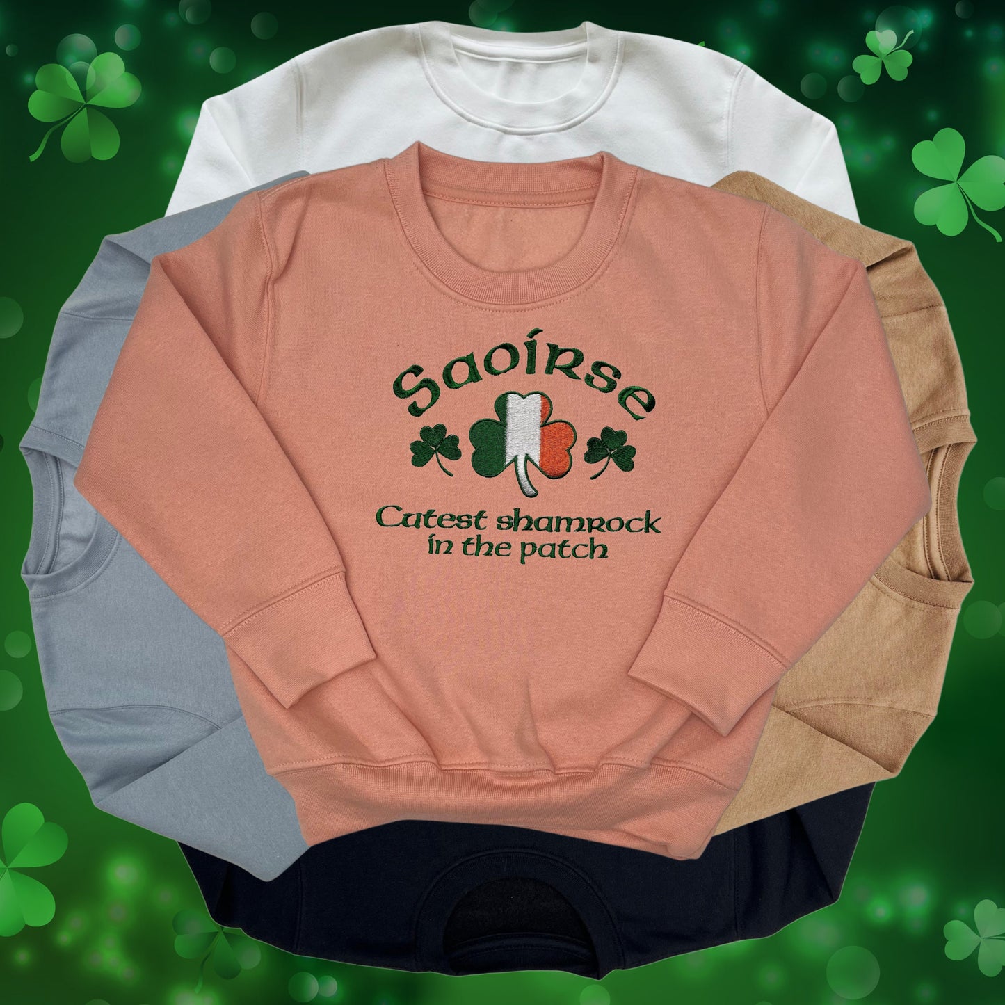 Personalised Embroidered Children's St Patrick's Day Top. Shamrock Design Saying 'Cutest shamrock in the  patch' and Personalised with Name.