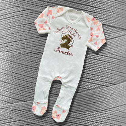 Childrens Personalised Embroidered Pyjamas and Sleepsuits. When I wake up I will be'. Cute Princess Crown Birthday Design with Child's Name.