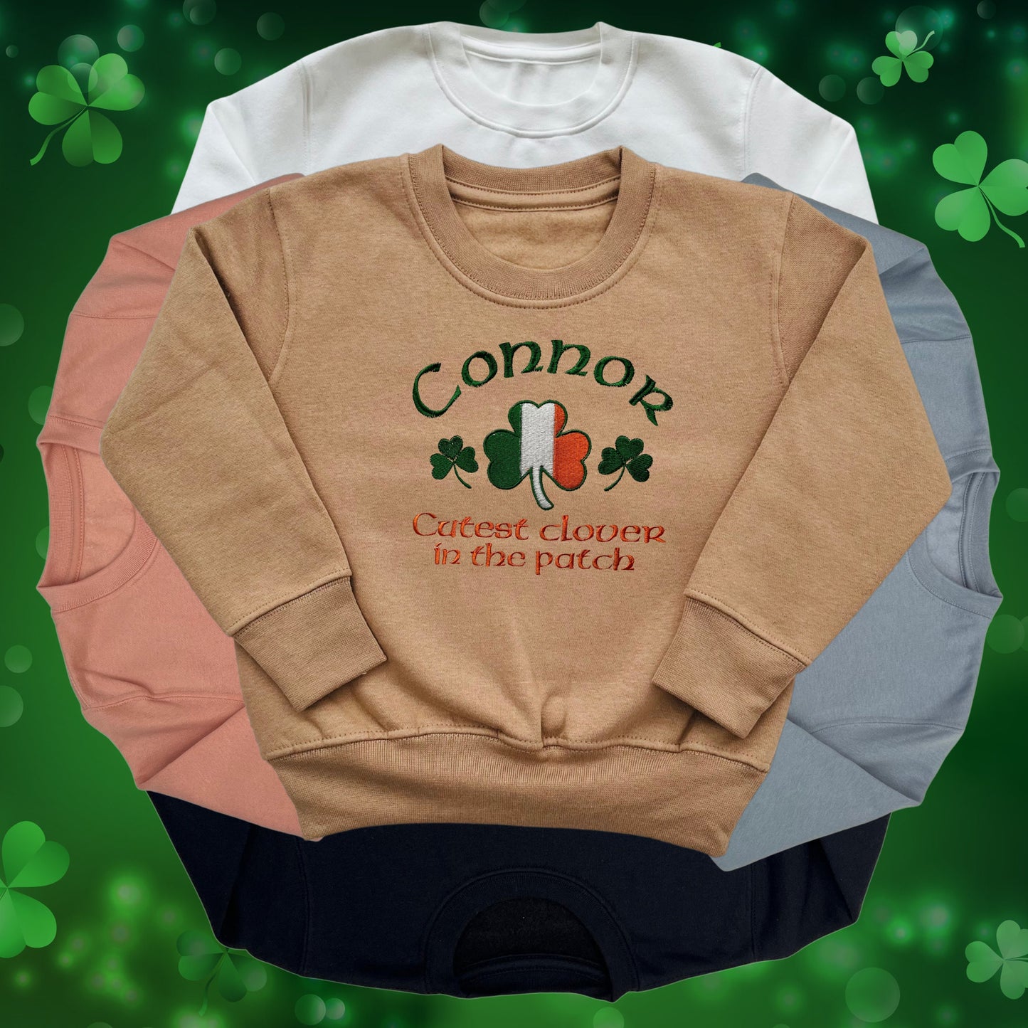 Personalised Embroidered Children's St Patrick's Day Top. Shamrock Design Saying 'Cutest clover in the  patch' and Personalised with Name.