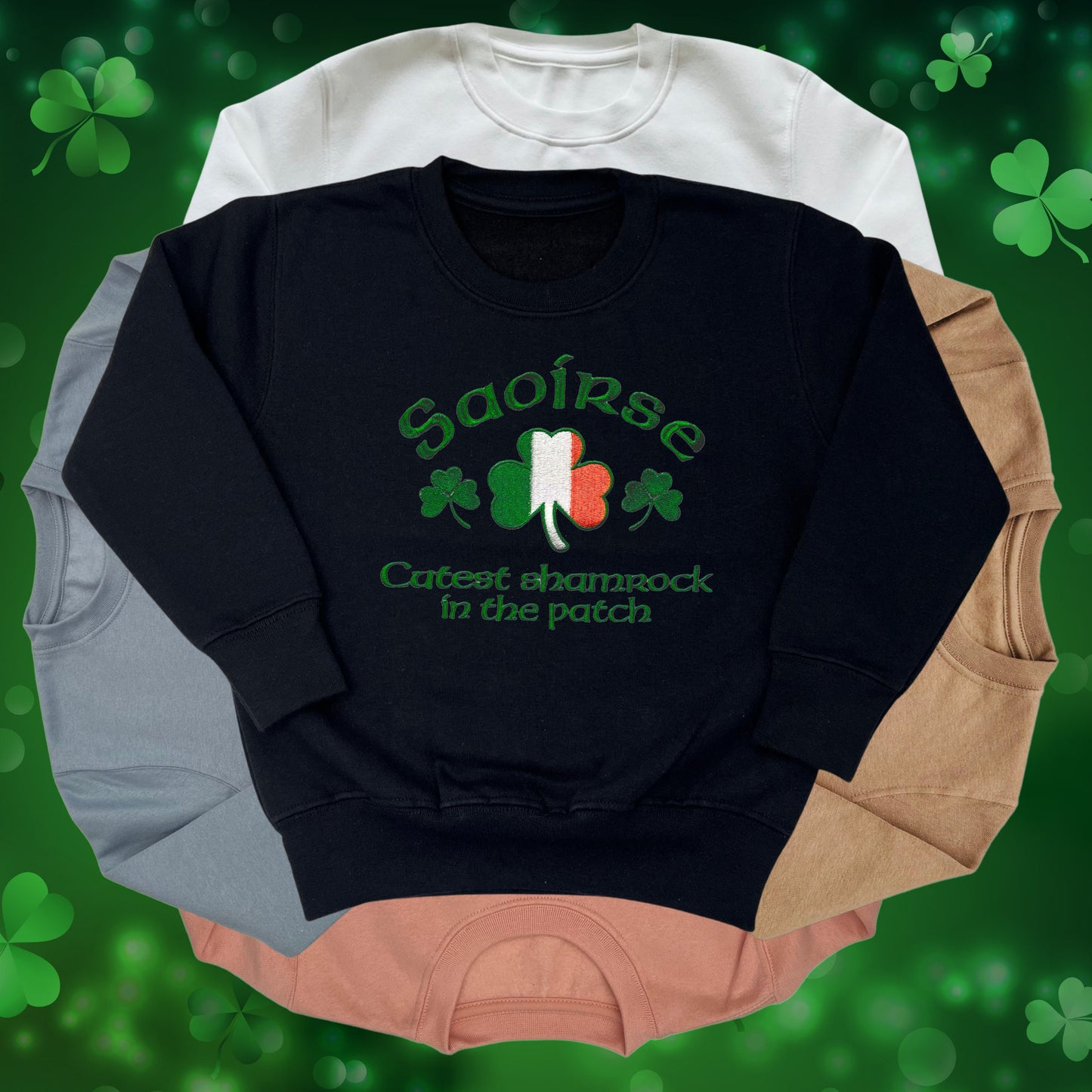 Personalised Embroidered Children's St Patrick's Day Top. Shamrock Design Saying 'Cutest shamrock in the  patch' and Personalised with Name.