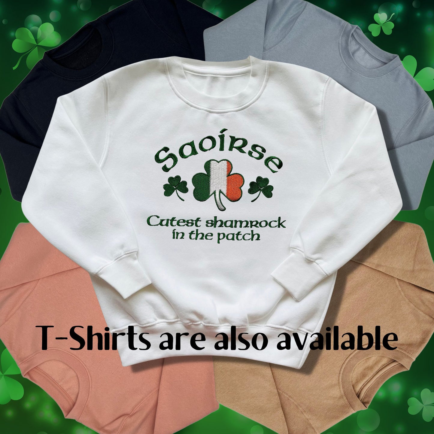 Personalised Embroidered Children's St Patrick's Day Top. Shamrock Design Saying 'Cutest shamrock in the  patch' and Personalised with Name.
